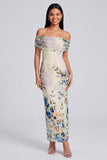Ivory Sheath Off the Shoulder Maxi Printed Floral Dress