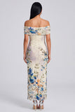 Ivory Sheath Off the Shoulder Maxi Printed Floral Dress