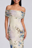 Ivory Sheath Off the Shoulder Maxi Printed Floral Dress