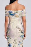 Ivory Sheath Off the Shoulder Maxi Printed Floral Dress