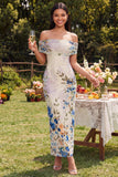 Ivory Sheath Off the Shoulder Maxi Printed Floral Dress