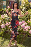 Champagne Halter Sheath Maxi Floral Dress