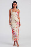 Champagne Halter Sheath Maxi Floral Dress