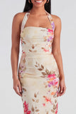 Champagne Halter Sheath Maxi Floral Dress