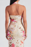 Champagne Halter Sheath Maxi Floral Dress