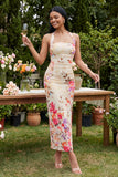 Champagne Halter Sheath Maxi Floral Dress