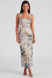 Champagne Halter Sheath Maxi Floral Dress