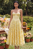 Yellow Sweetheart A Line Midi Floral Dress