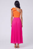 One Shoulder Orange and Fuchsia A-Line Pleated Maxi Dress with Bow