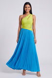 A-Line Green and Blue One Shoulder Pleated Ruched Maxi Dress