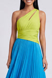 A-Line Green and Blue One Shoulder Pleated Ruched Maxi Dress