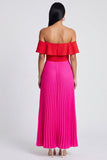 Off the Shoulder A-Line Fuchsia and Red Pleated Maxi Dress with Ruffles