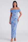 Off the Shoulder Yellow Sheath Embroidered Maxi Floral Dress with Slit