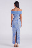 Off the Shoulder Yellow Sheath Embroidered Maxi Floral Dress with Slit