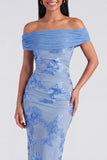 Off the Shoulder Yellow Sheath Embroidered Maxi Floral Dress with Slit