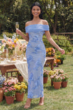 Off the Shoulder Yellow Sheath Embroidered Maxi Floral Dress with Slit