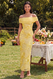 Off the Shoulder Yellow Sheath Embroidered Maxi Floral Dress with Slit