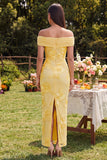 Off the Shoulder Yellow Sheath Embroidered Maxi Floral Dress with Slit