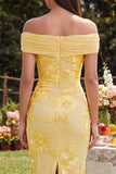 Off the Shoulder Yellow Sheath Embroidered Maxi Floral Dress with Slit