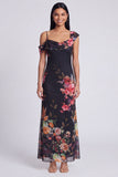 Champagne Sheath Printed Asymmetrical Neck Maxi Floral Dress