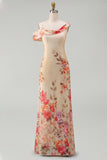 Champagne Sheath Printed Asymmetrical Neck Maxi Floral Dress