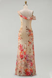 Champagne Sheath Printed Asymmetrical Neck Maxi Floral Dress