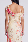 Champagne Sheath Printed Asymmetrical Neck Maxi Floral Dress