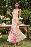 Champagne Sheath Printed Asymmetrical Neck Maxi Floral Dress