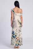 Champagne Sheath Printed Asymmetrical Neck Maxi Floral Dress