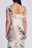 Champagne Sheath Printed Asymmetrical Neck Maxi Floral Dress