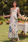 Champagne Sheath Printed Asymmetrical Neck Maxi Floral Dress