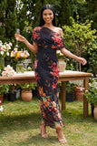 Ivory One Shoulder Sheath Printed Maxi Floral Dress