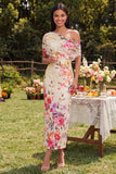 Ivory One Shoulder Sheath Printed Maxi Floral Dress