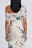 Ivory One Shoulder Sheath Printed Maxi Floral Dress
