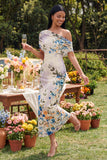 Ivory One Shoulder Sheath Printed Maxi Floral Dress