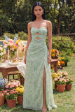 Strapless Dusty Sage A Line Cut Out Maxi Floral Dress with Slit