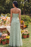 Strapless Dusty Sage A Line Cut Out Maxi Floral Dress with Slit