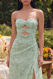 Strapless Dusty Sage A Line Cut Out Maxi Floral Dress with Slit