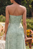 Strapless Dusty Sage A Line Cut Out Maxi Floral Dress with Slit