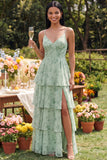 Dusty Sage A Line Ruffled Spaghetti Strapa Maxi Floral Dress with Slit