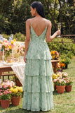 Dusty Sage A Line Ruffled Spaghetti Strapa Maxi Floral Dress with Slit