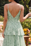 Dusty Sage A Line Ruffled Spaghetti Strapa Maxi Floral Dress with Slit