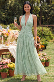 Halter Dusty Sage Printed Chiffon A Line Floral Dress