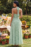 Halter Dusty Sage Printed Chiffon A Line Floral Dress