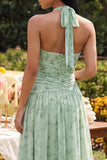 Halter Dusty Sage Printed Chiffon A Line Floral Dress