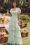 Dusty Sage A Line Ruffled Square Neck Maxi Floral Dress with Flutter Sleeves
