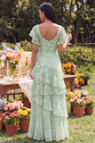 Dusty Sage A Line Ruffled Square Neck Maxi Floral Dress with Flutter Sleeves
