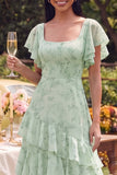 Dusty Sage A Line Ruffled Square Neck Maxi Floral Dress with Flutter Sleeves
