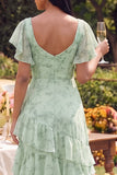 Dusty Sage A Line Ruffled Square Neck Maxi Floral Dress with Flutter Sleeves
