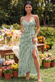 Dusty Sage Ruffled A Line Spaghetti Straps Floral Dress with Slit